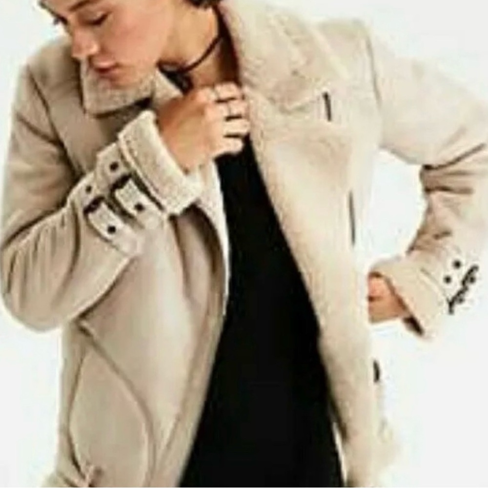 American Eagle Outfitters Moto Shearling Jacket Biker Aviator Small Beige Tan - Picture 3 of 15